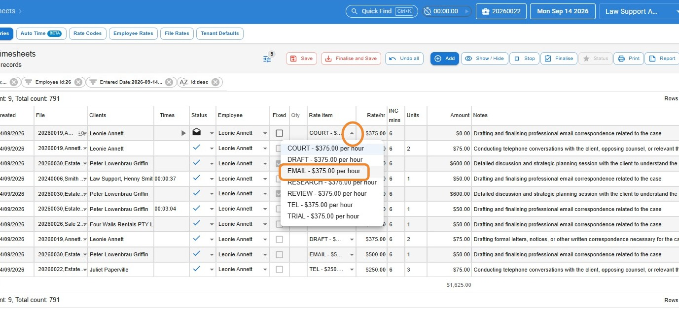 Rate Item drop-down open on a time entry, listing time-based rate items such as Court, Draft, Email, Research, Review, Tel and Trial