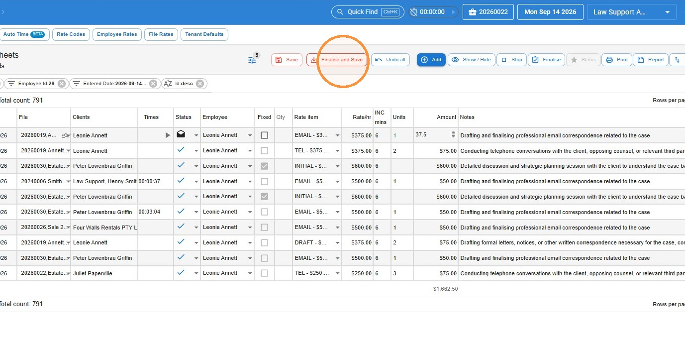 Finalise and Save button circled at the top of the Timesheets screen