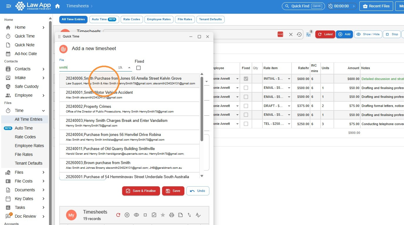 Quick Time panel with the File field showing a drop-down list of matching files, with a result circled