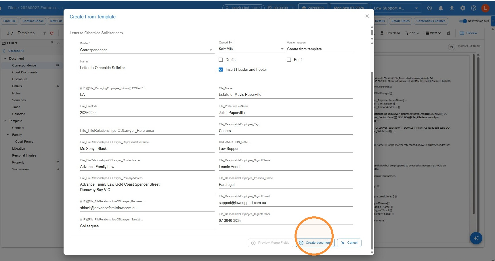 Merge fields preview list showing which fields have and haven't drawn data from the file or contact