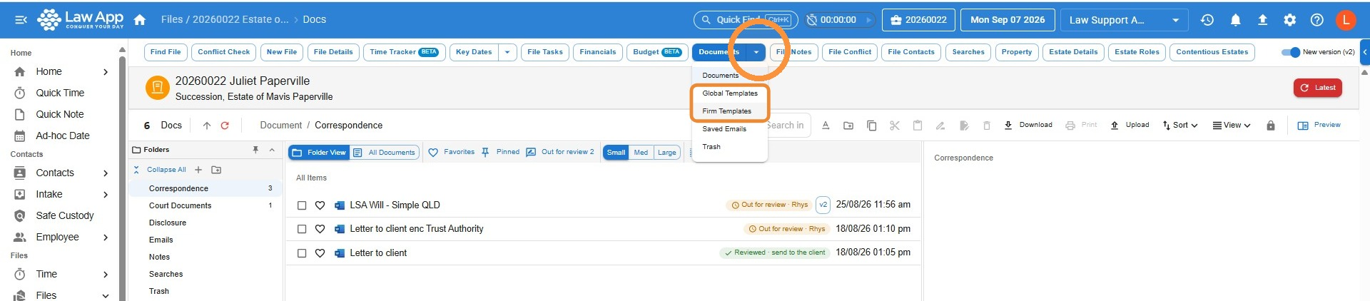 Documents menu open on a file, showing the Global Templates and Firm Templates options