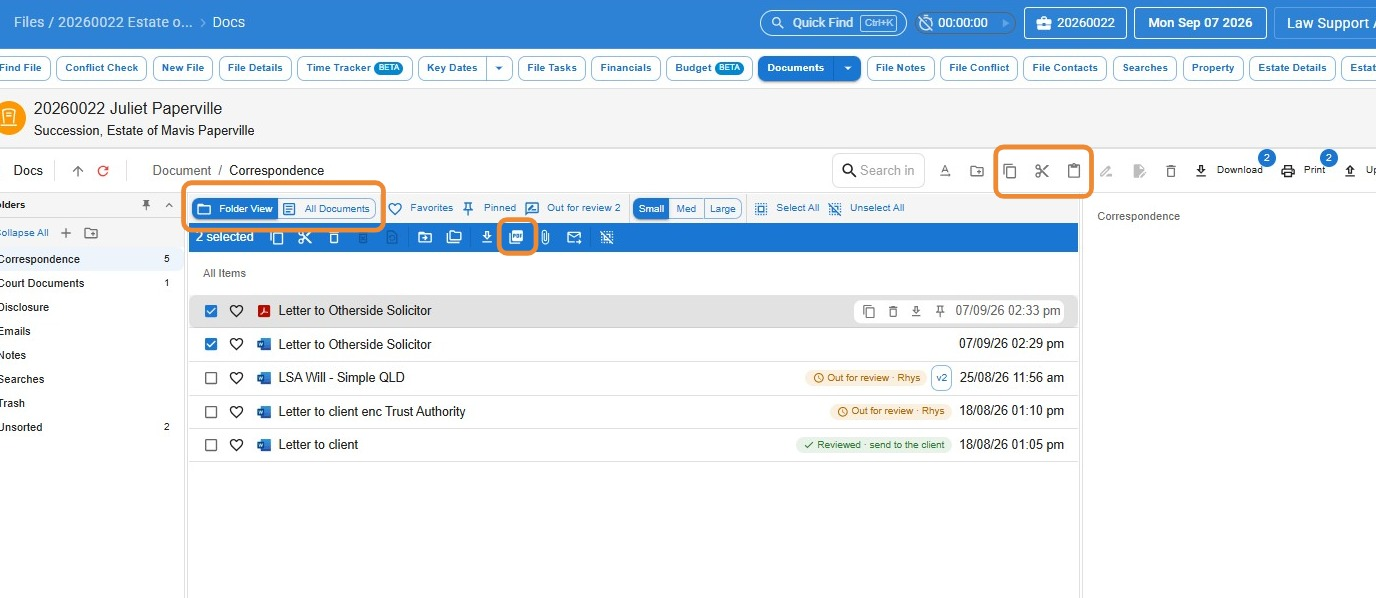 Documents list with two documents selected and the combine-to-PDF, cut, copy, paste and Folder View options highlighted