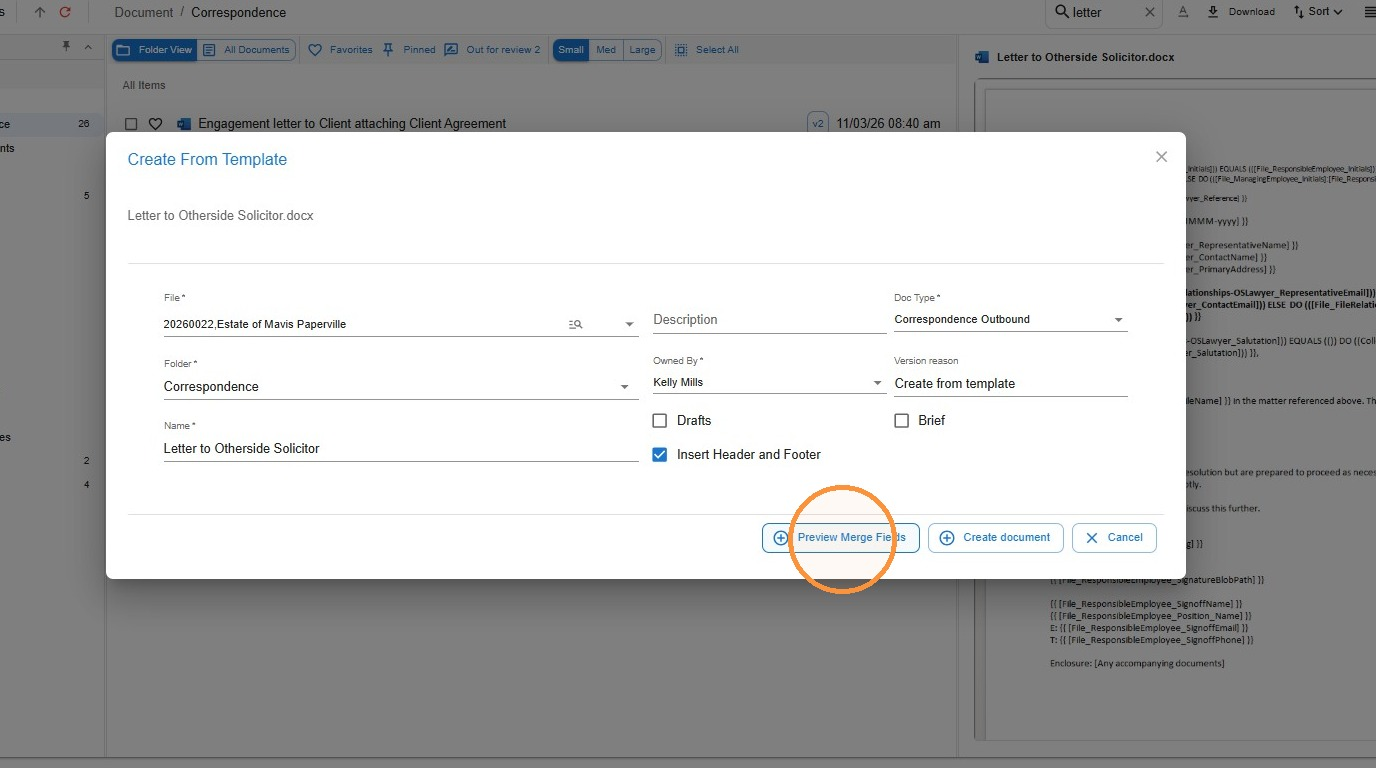 Create From Template screen showing the File, Folder and Name fields, with Preview Merge Fields highlighted