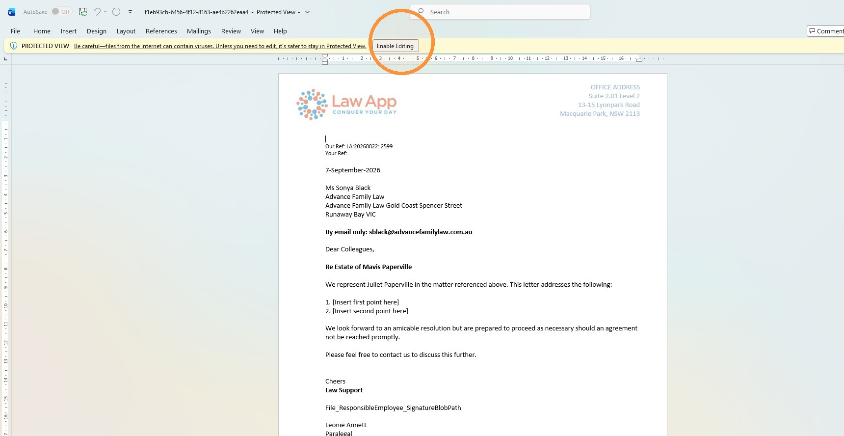 Word document open in Protected View with the Enable Editing button highlighted