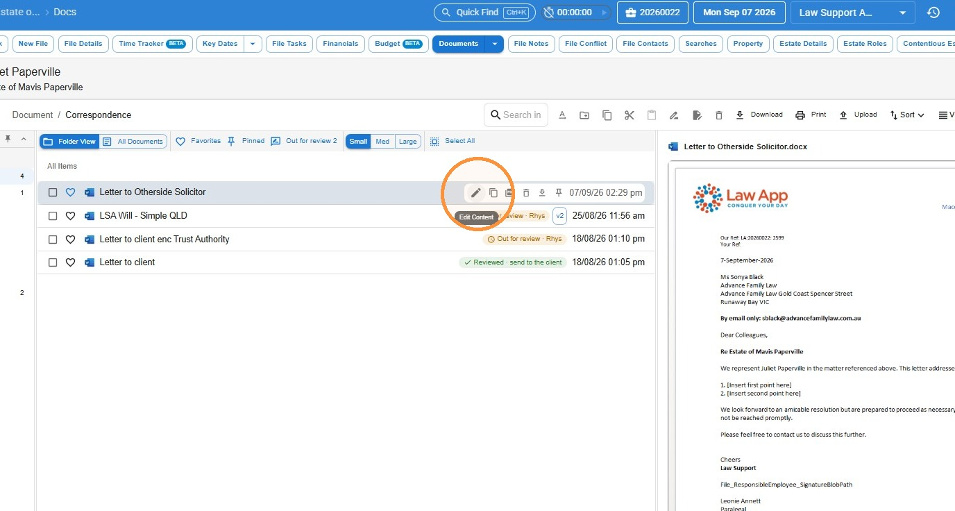 Documents list with a document row hovered and the Edit Content icon highlighted