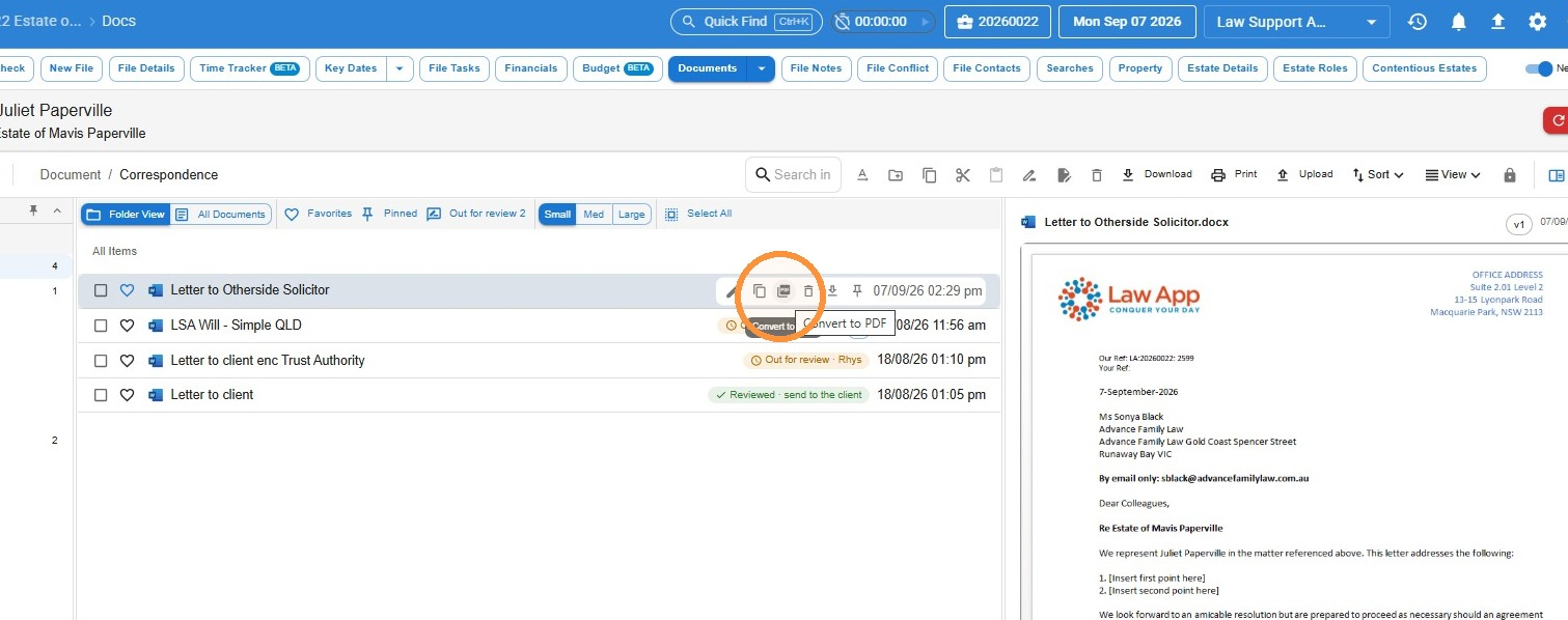 Documents list with the Convert to PDF option highlighted