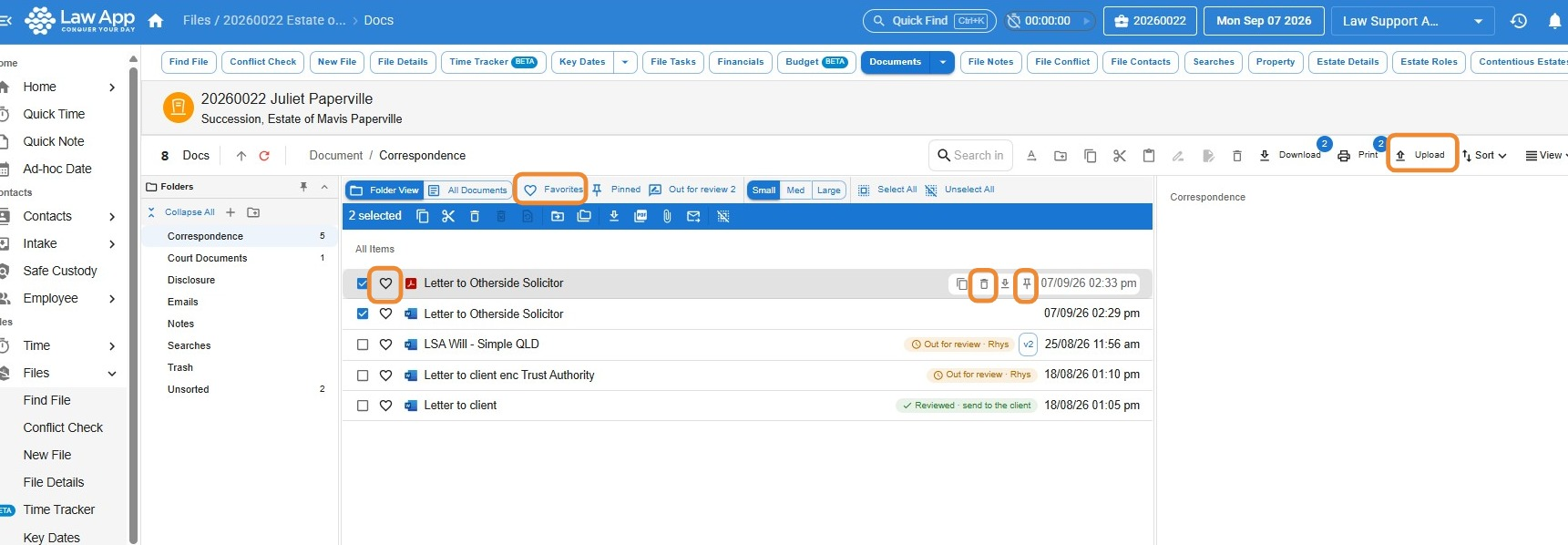 Documents list with the Favourites, pin and Upload options highlighted