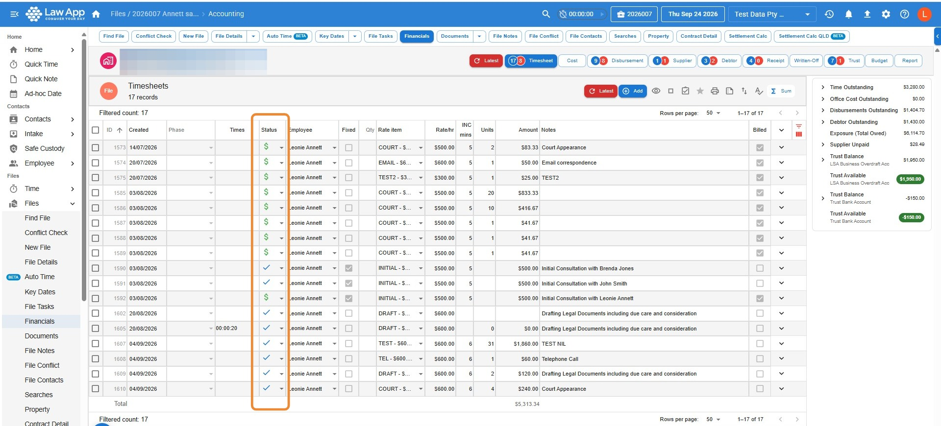 Timesheet tab on a file's Financials screen in Law App, with the Status column highlighted showing green dollar signs for billed entries and blue ticks for finalised entries