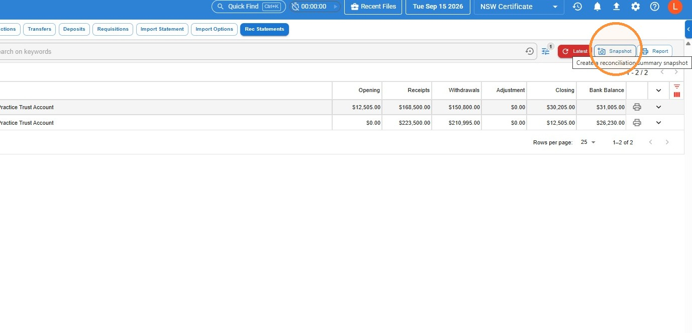Rec Statements screen in Law App, with the trust account selected and the Snapshot button circled
