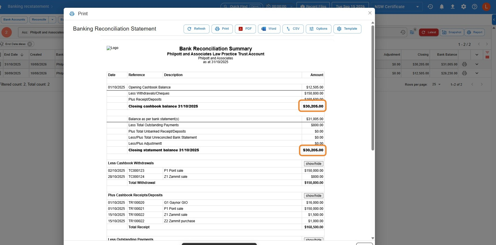 Bank Reconciliation Summary report print preview, with the closing cashbook balance and closing statement balance circled
