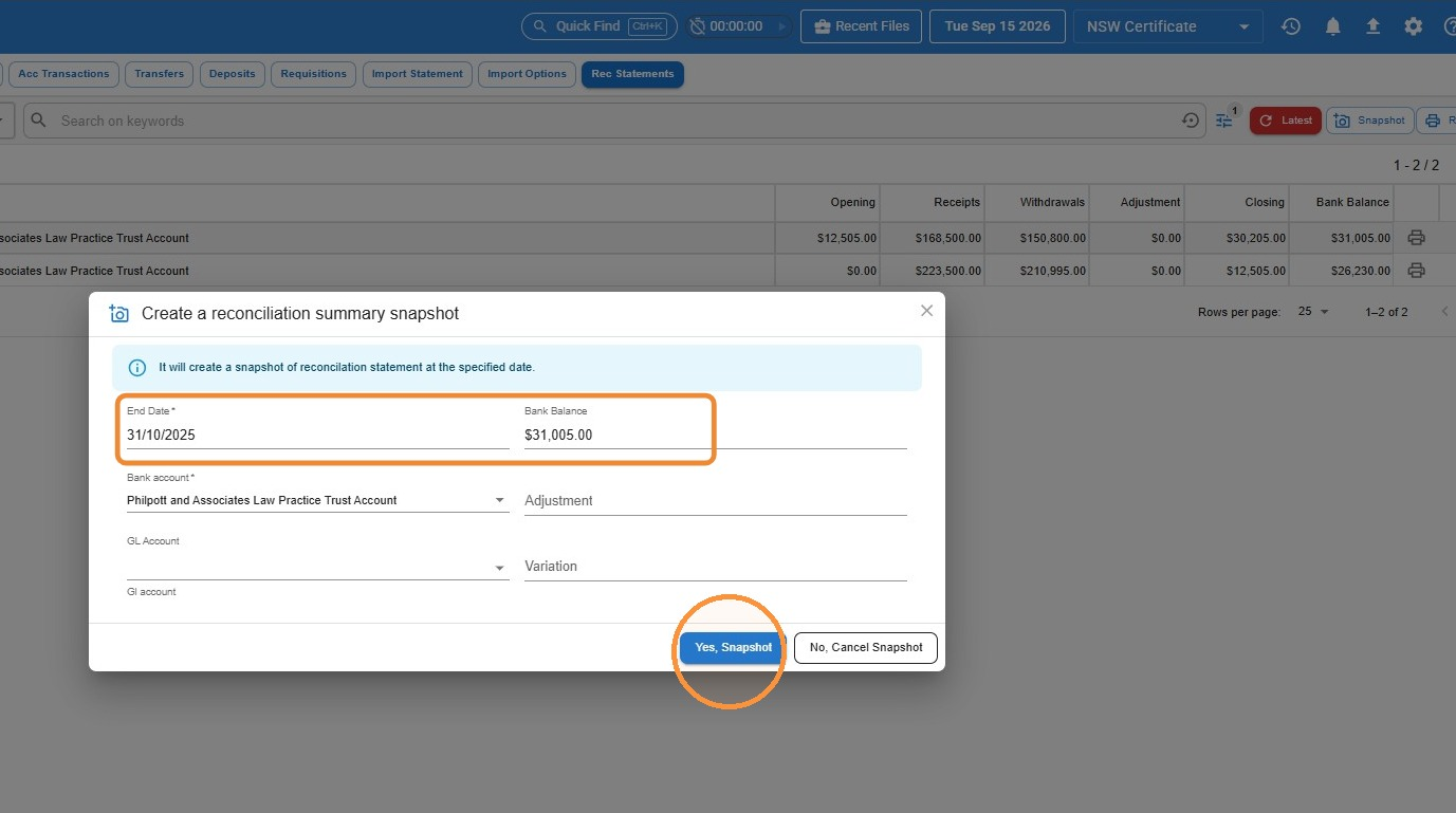 Create a reconciliation summary snapshot dialog, with the End Date and Bank Balance fields circled and the Yes, Snapshot button circled