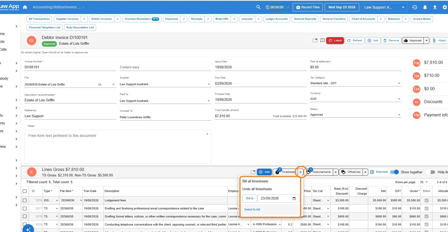 Law App debtor invoice with the Timesheets dropdown open, showing the Bill all timesheets, Undo all timesheets, Bill to date and Select to bill options