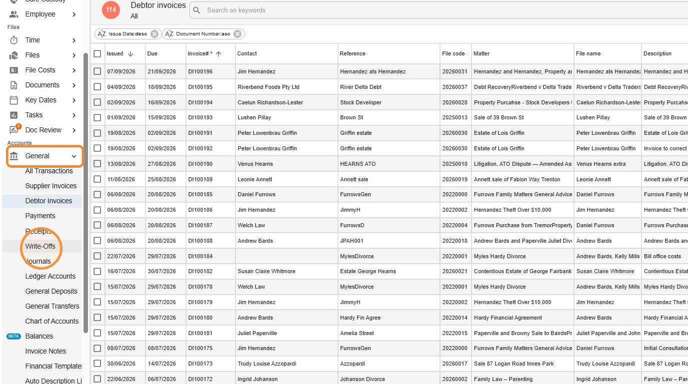 Left navigation menu with Accounts expanded to General and Write-Offs highlighted