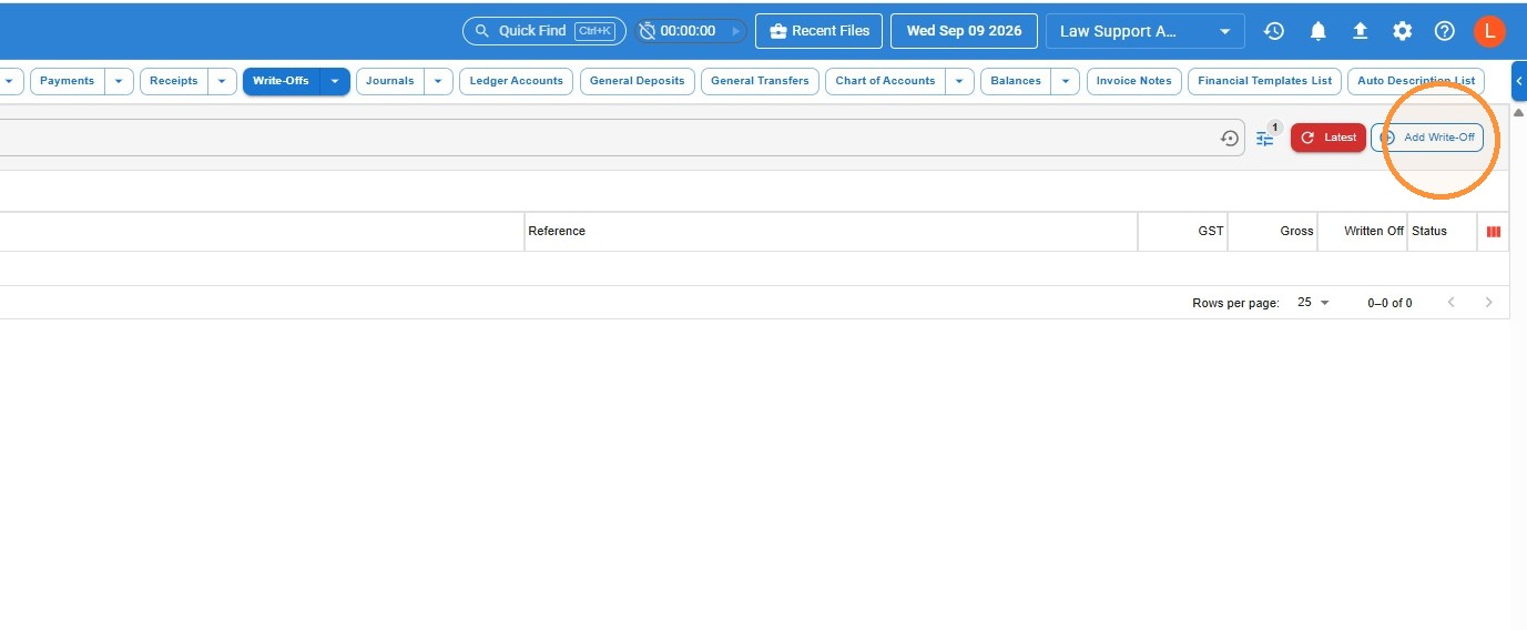 Write-Offs list with the Add Write-Off button highlighted