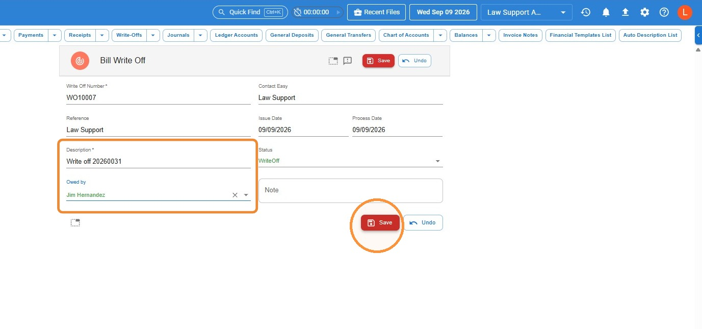 Bill Write Off form with the Description field, Owed by field, and Save button highlighted