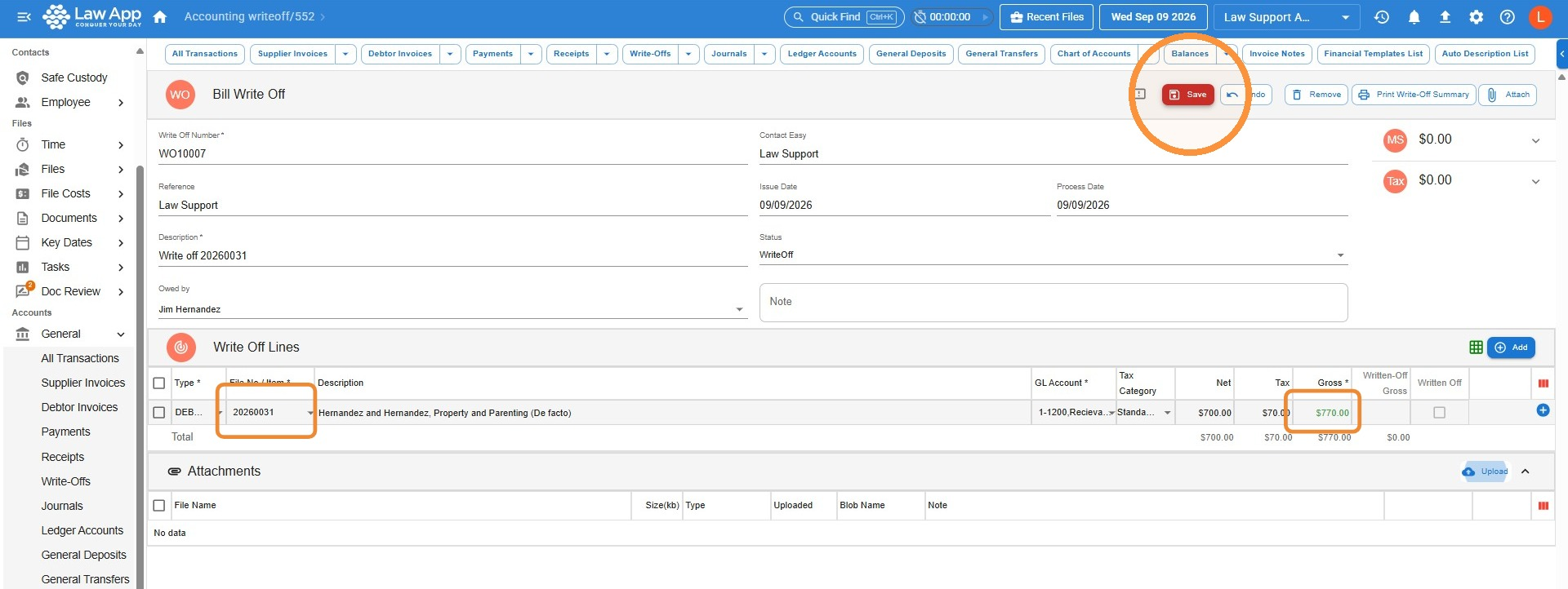 Write off line with File No / Item and Gross fields highlighted, GL Account and Tax Category filled in automatically