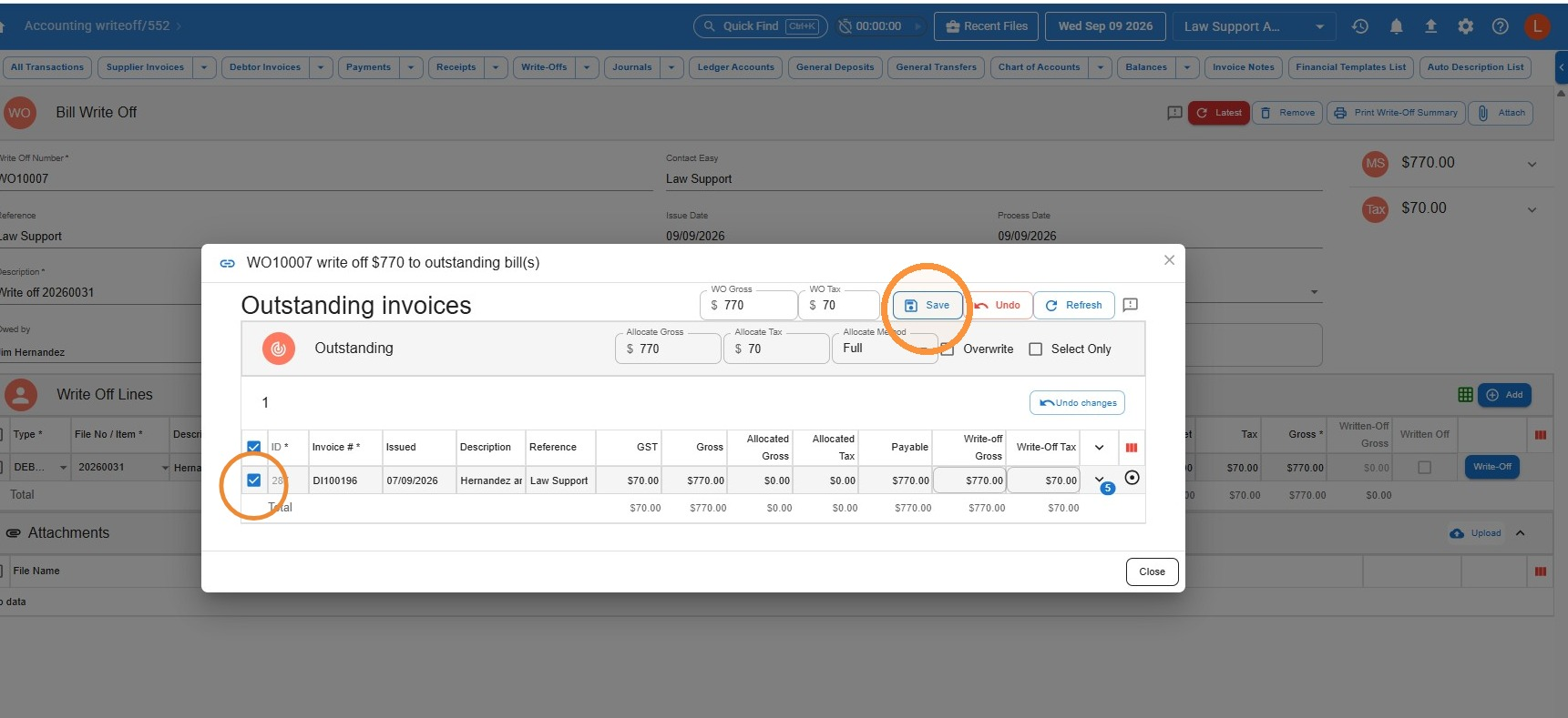Outstanding invoices list with an invoice ticked and the Save button highlighted