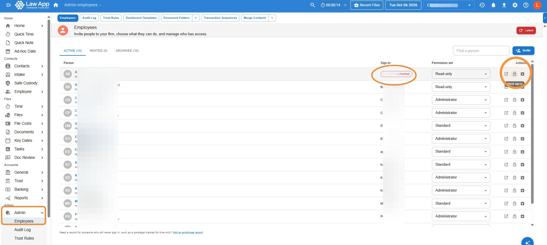 Employees list in Law App Admin with Admin and Employees highlighted in the left menu, a red locked label circled in the Sign-in column, and the Unlock sign-in padlock icon circled in the Actions column