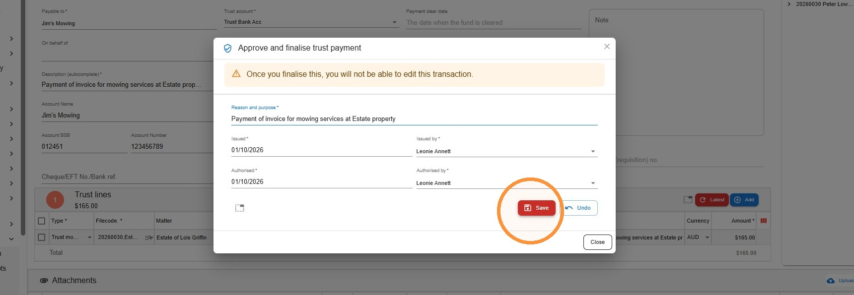 Approve and finalise trust payment window in Law App warning that the transaction can't be edited once finalised, with the Save button circled