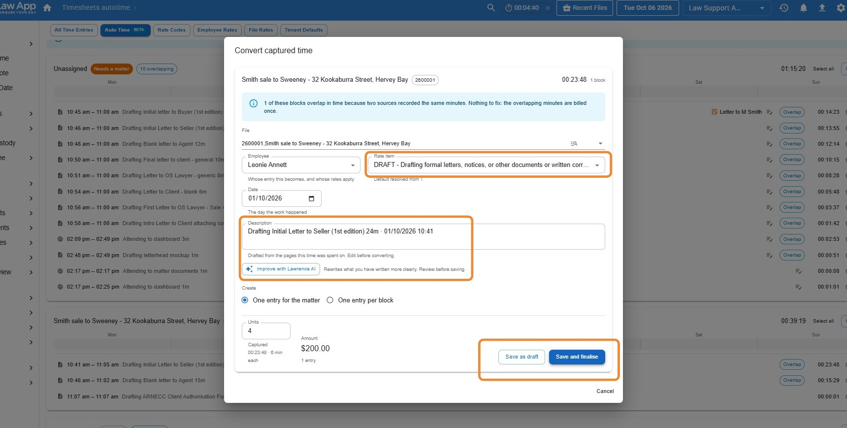 Convert captured time window, with the Rate item drop-down, the Description field with the Improve with Lawrence AI button, and the Save as draft and Save and finalise buttons circled