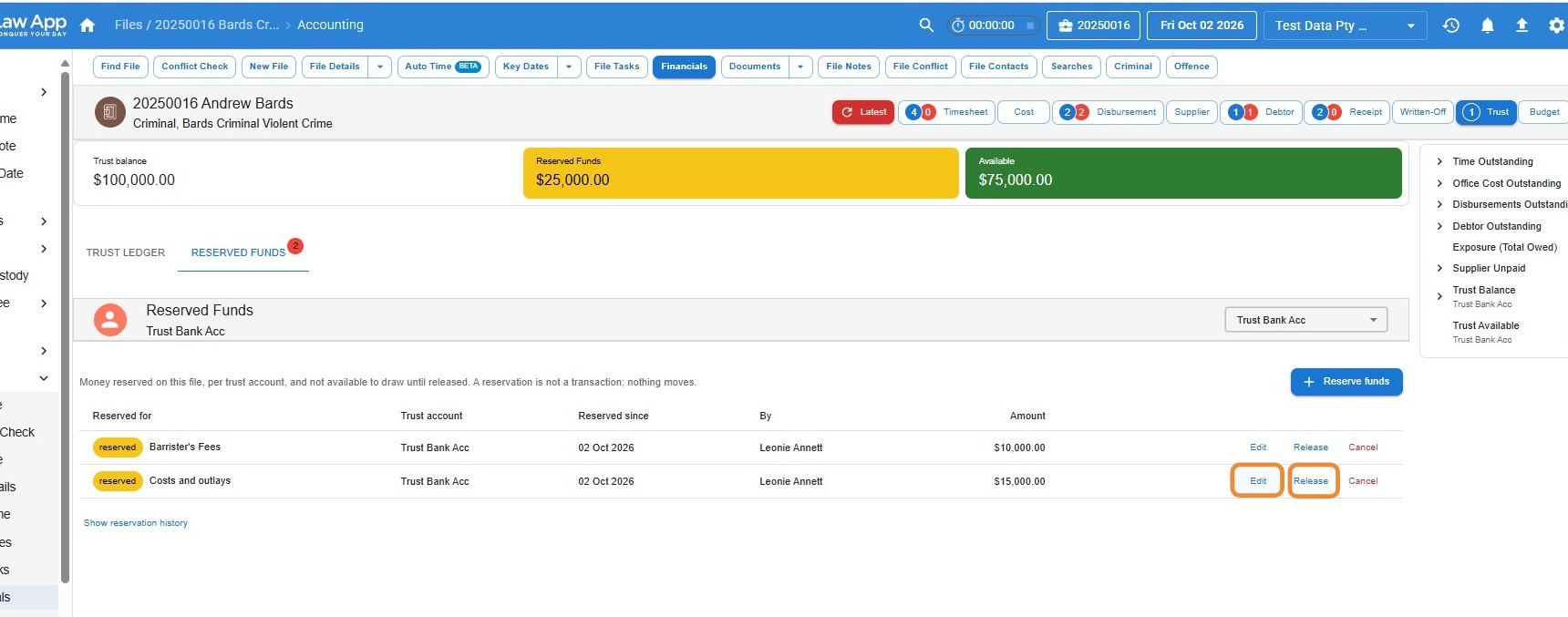 Reserved Funds tab in Law App listing two reservations, Barrister's Fees and Costs and outlays, with the Edit and Release links highlighted on the Costs and outlays row