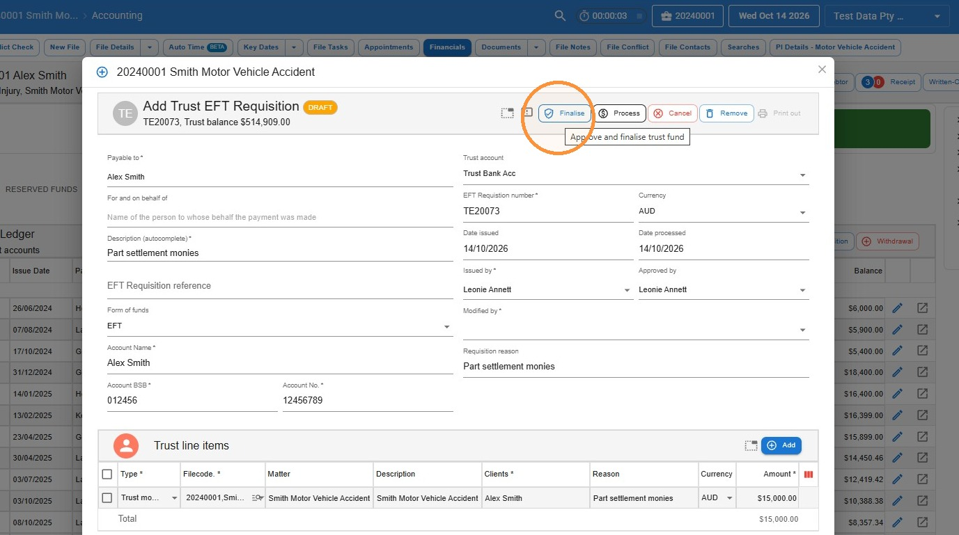 Draft Add Trust EFT Requisition window in Law App with the Finalise button circled and its Approve and finalise trust fund tooltip showing