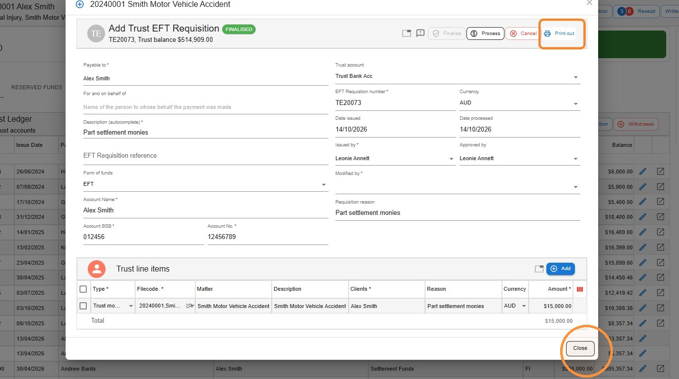 Finalised trust EFT requisition in Law App with the Print out button and the Close button circled