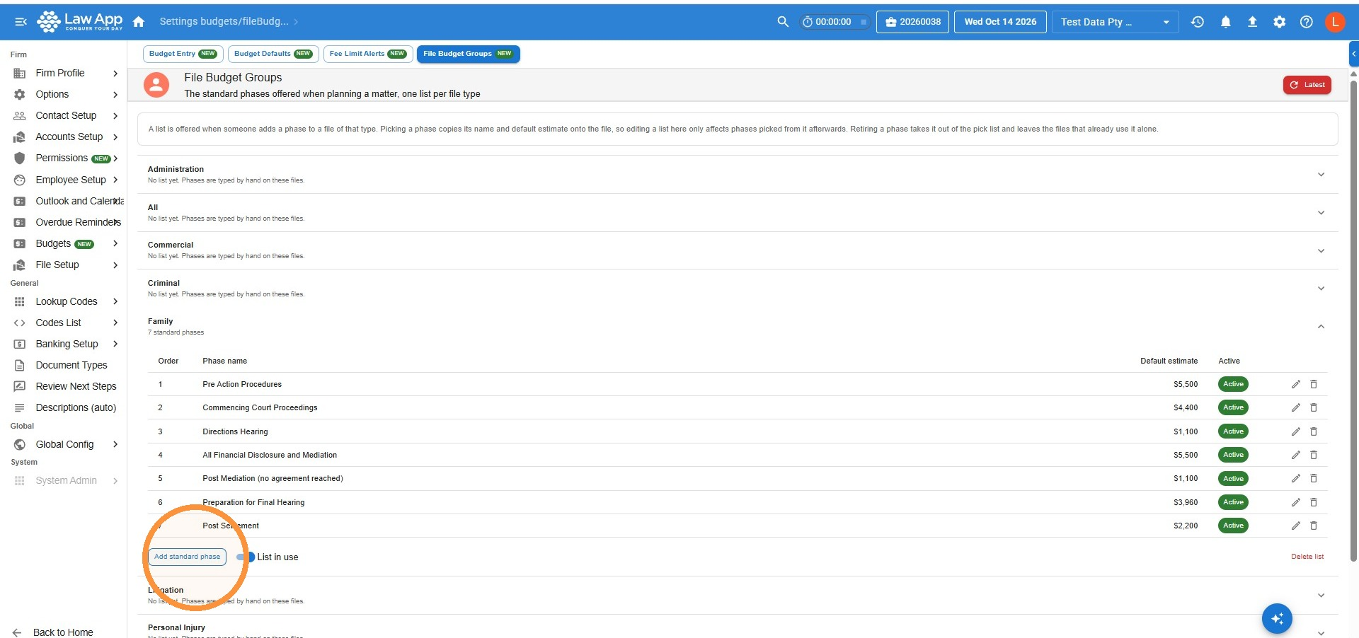 File Budget Groups settings page with the Family area expanded, showing seven standard phases with their default estimates and the Add standard phase button highlighted