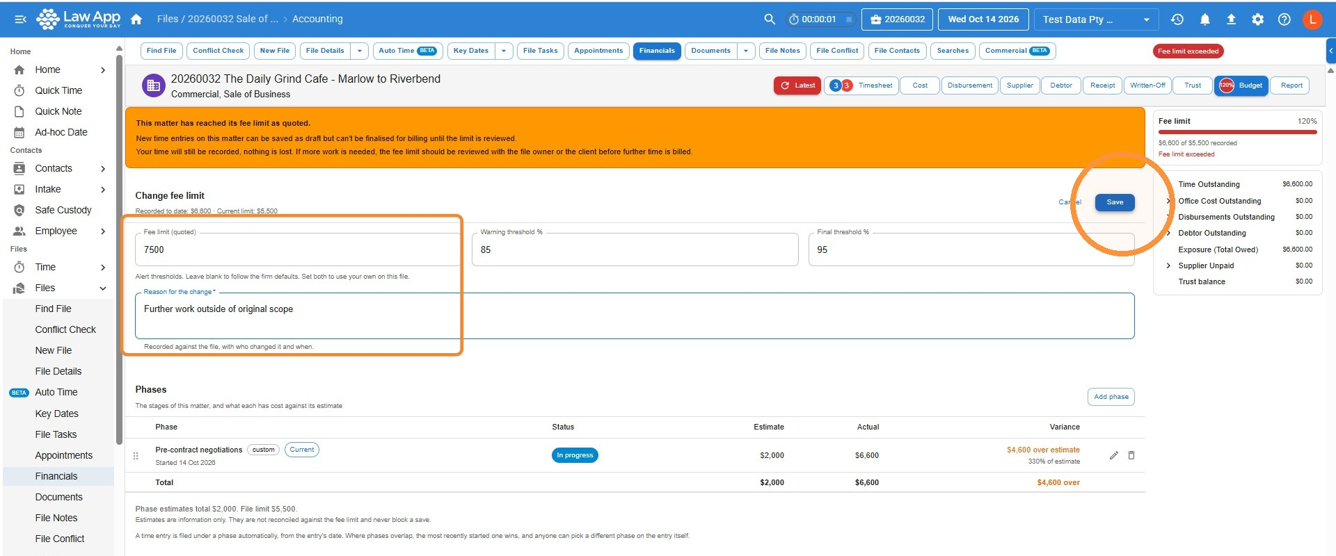 Change fee limit form with a new fee limit of 7500 and the reason Further work outside of original scope, with the Save button highlighted