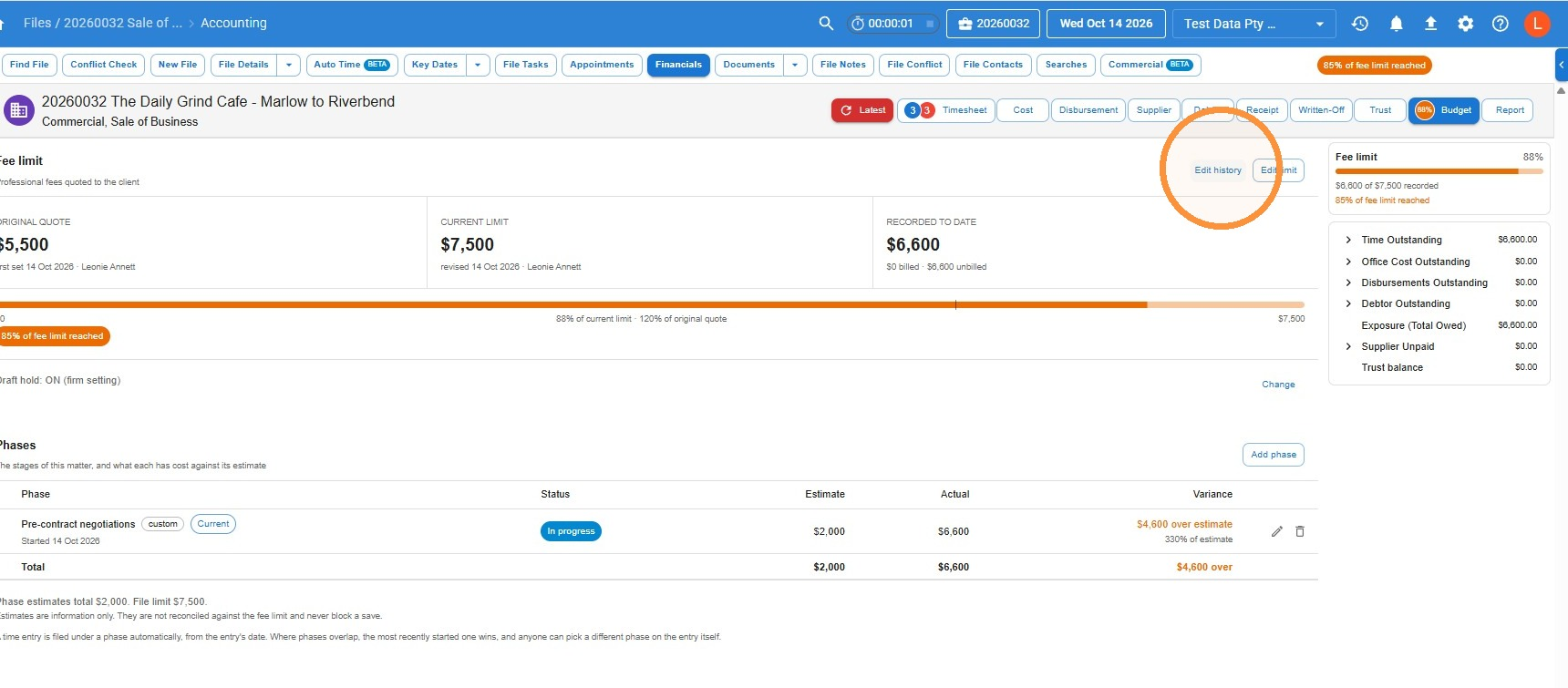 Budget tab showing an original quote of 5500 dollars, a current limit of 7500 dollars and 6600 dollars recorded to date, with the Edit history link highlighted