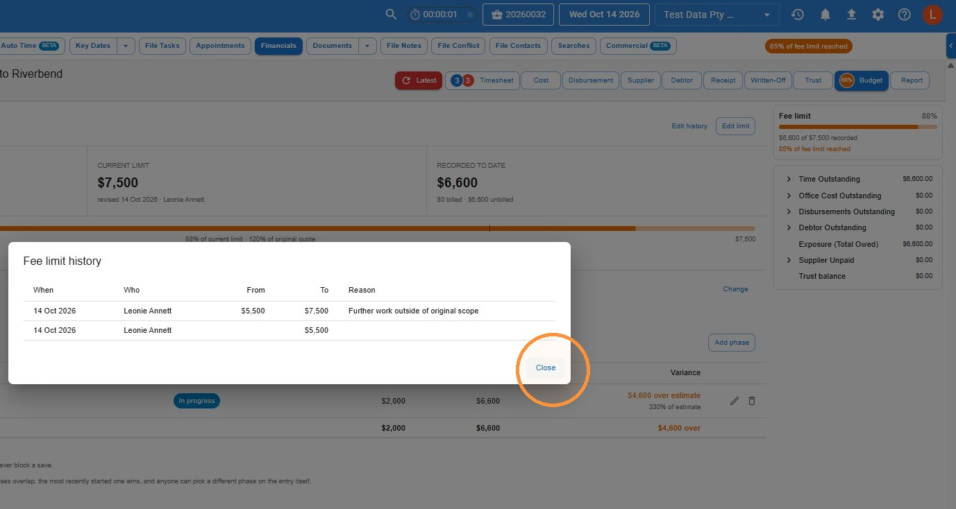 Fee limit history window listing each change with the date, who made it, the old and new limit, and the reason