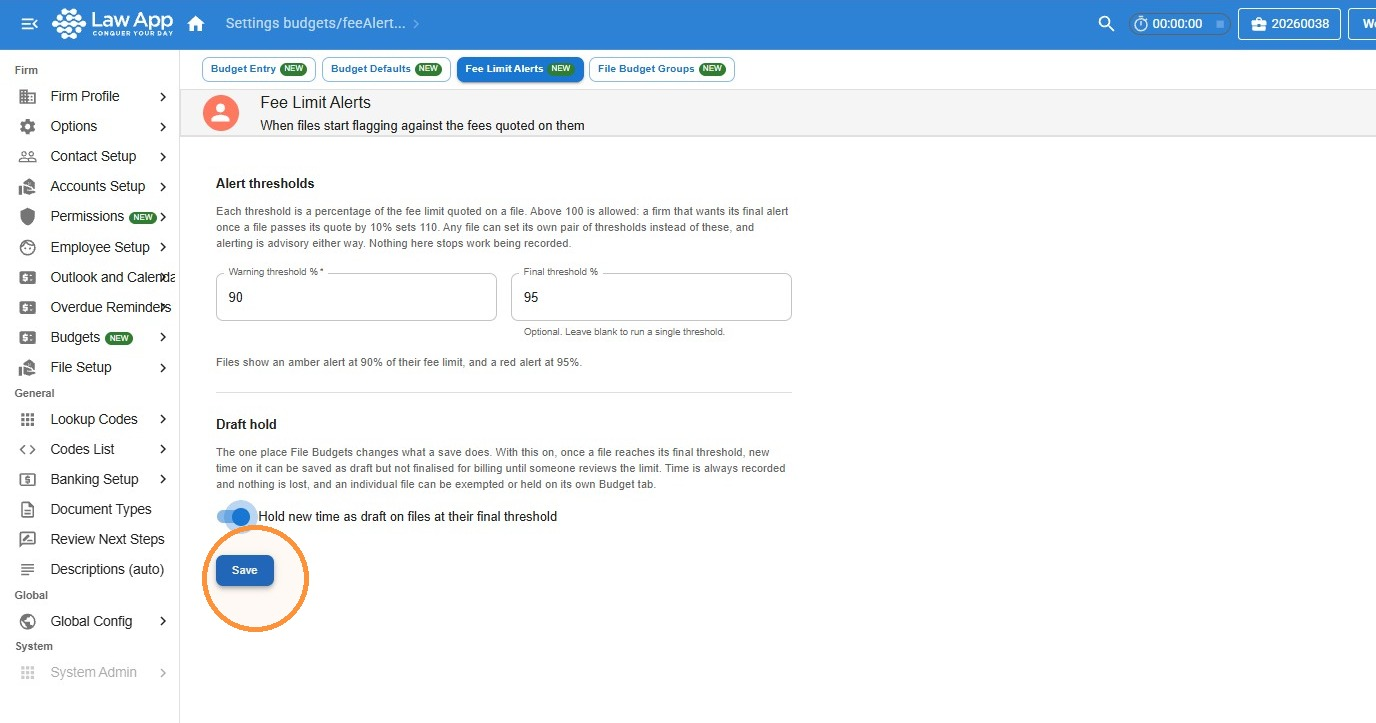 Fee Limit Alerts settings page with a warning threshold of 90 percent, a final threshold of 95 percent, the Draft hold switch turned on, and the Save button highlighted