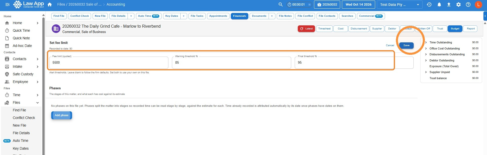 Set fee limit form on a file with a fee limit of 5500, a warning threshold of 85 percent, a final threshold of 95 percent, and the Save button highlighted
