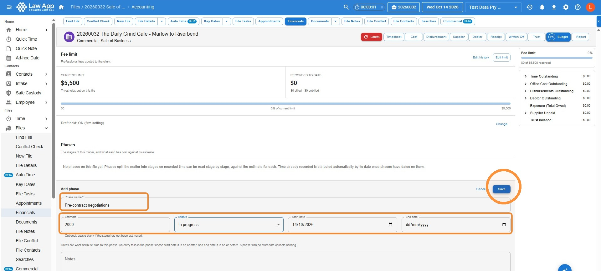 Add phase form on a file with the phase name Pre-contract negotiations, an estimate of 2000, a status of In progress and a start date entered, with the Save button highlighted