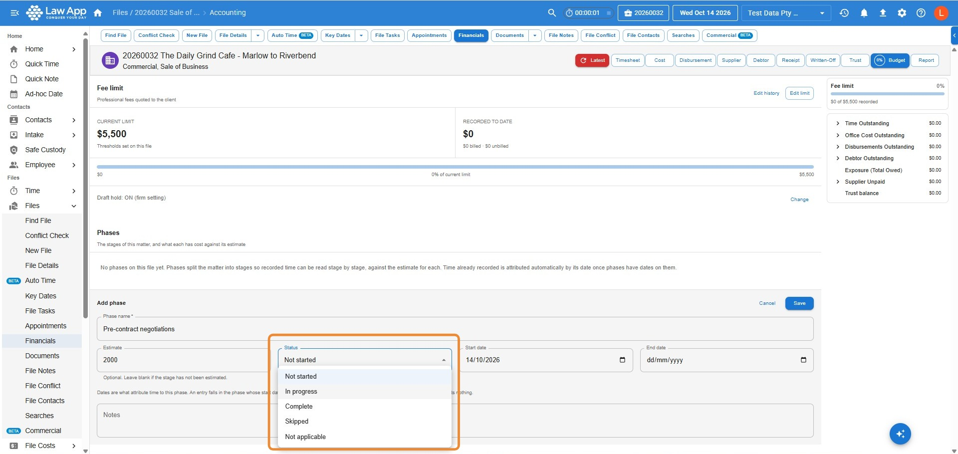 Status drop-down on the Add phase form, open to show the options Not started, In progress, Complete, Skipped and Not applicable