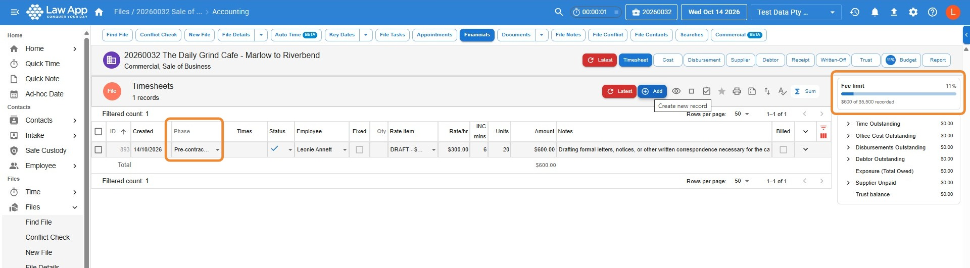 Timesheets list on a file with the Phase column highlighted on an entry, and the Fee limit progress bar in the side panel showing 600 dollars of 5500 dollars recorded