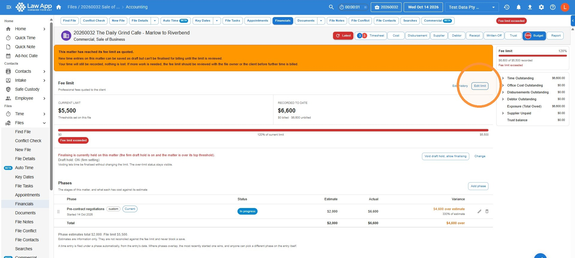 Fee limit section on the Budget tab with the Edit limit button highlighted next to the Edit history link