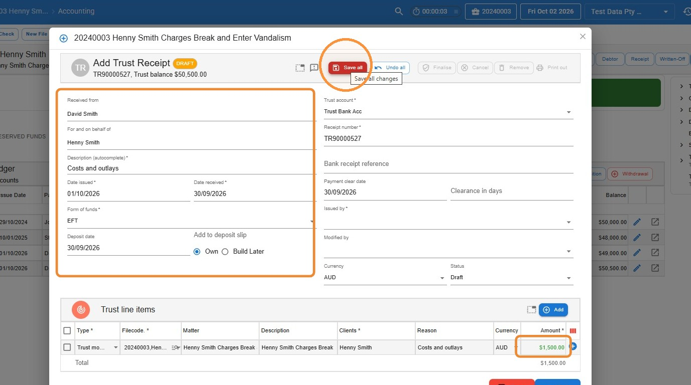 Add Trust Receipt window in Law App with the receipt details highlighted, 1,500 dollars entered in the Amount column and the Save all button circled