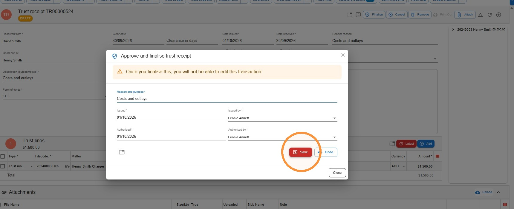 Approve and finalise trust receipt window in Law App for a 1,500 dollar receipt, with the Save button circled