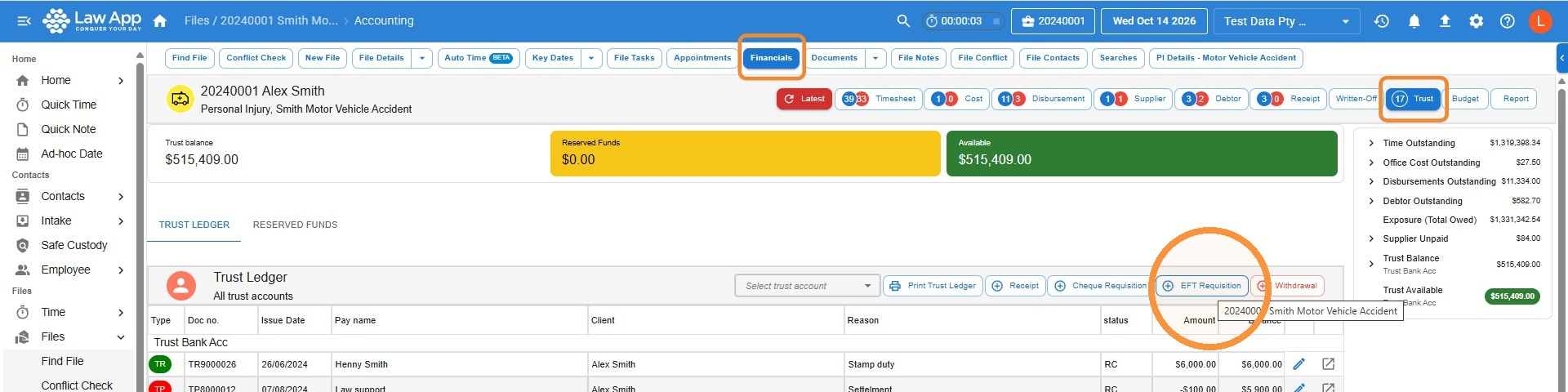Trust ledger on a file's Financials screen in Law App with the Financials and Trust buttons highlighted and the EFT Requisition button circled