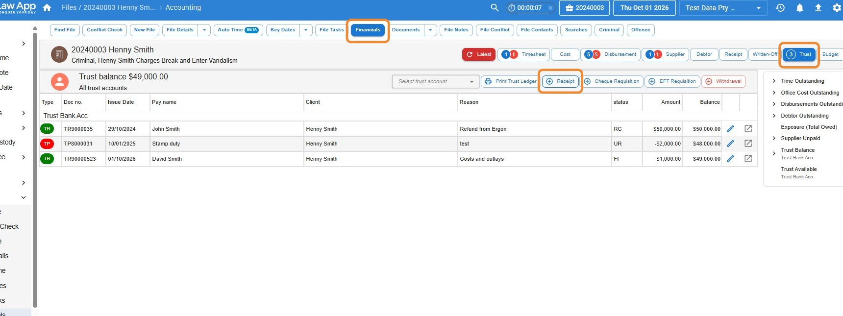 Trust ledger on a file's Financials screen in Law App with the Financials button, Trust tab and Receipt button highlighted