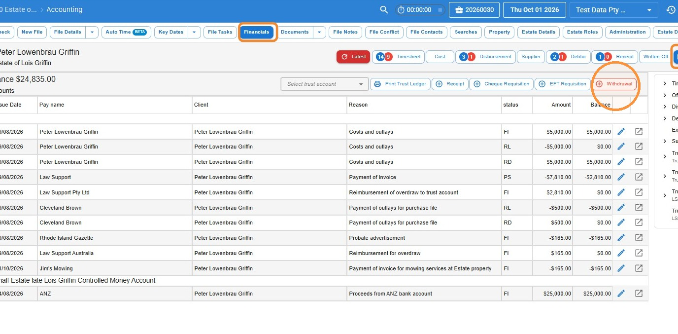 Trust ledger on a file's Financials screen in Law App with the Financials button highlighted and the Withdrawal button circled