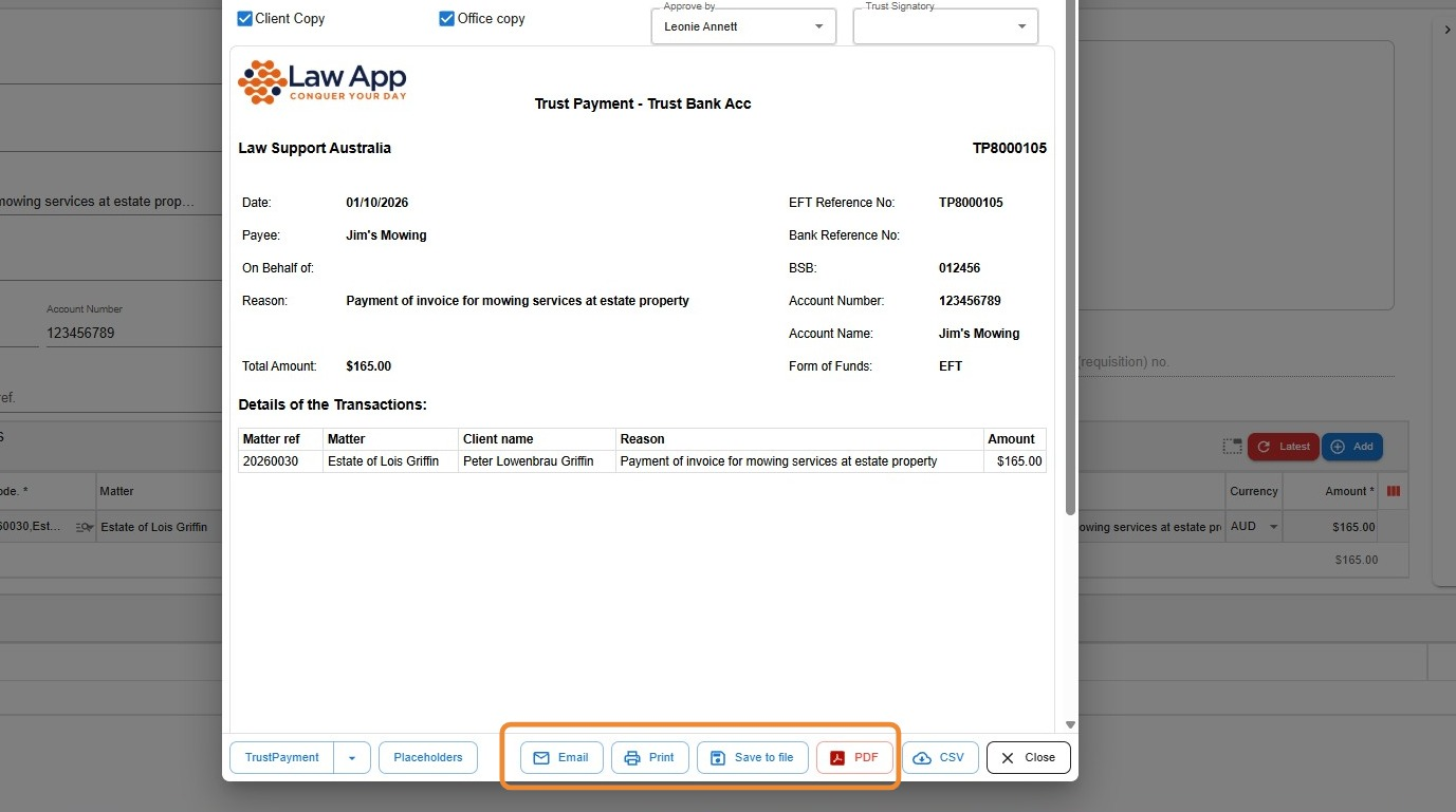 Trust payment form preview in Law App with the Email, Print, Save to file and PDF buttons highlighted