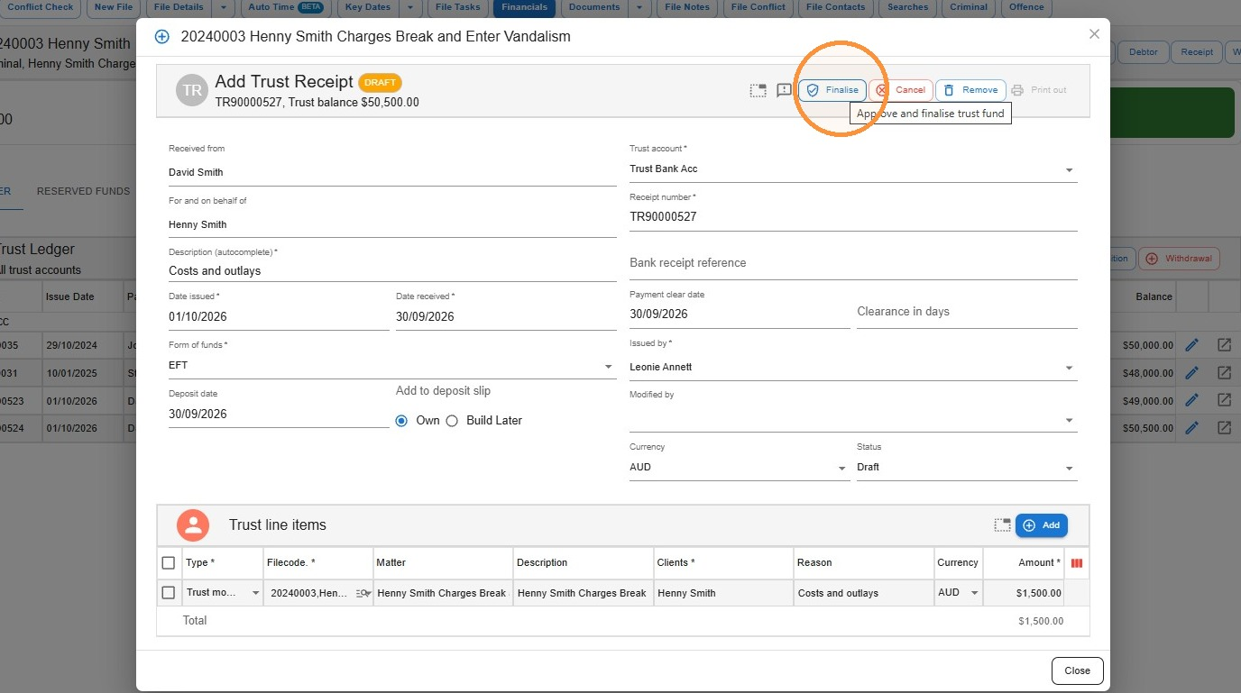 Add Trust Receipt window in Law App showing the saved draft receipt, with the Finalise button circled