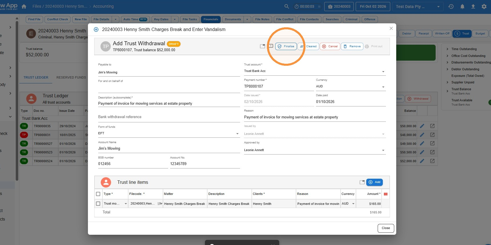 Draft trust withdrawal in Law App with the Finalise button circled at the top of the window