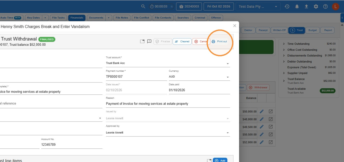 Finalised trust withdrawal in Law App with the Print out button circled