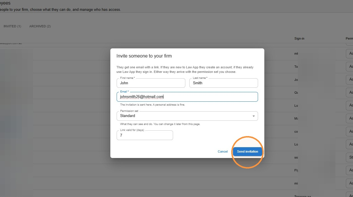 Invite someone to your firm dialog in Law App with first name, last name, email, permission set and link valid for days filled in, and the Send invitation button circled