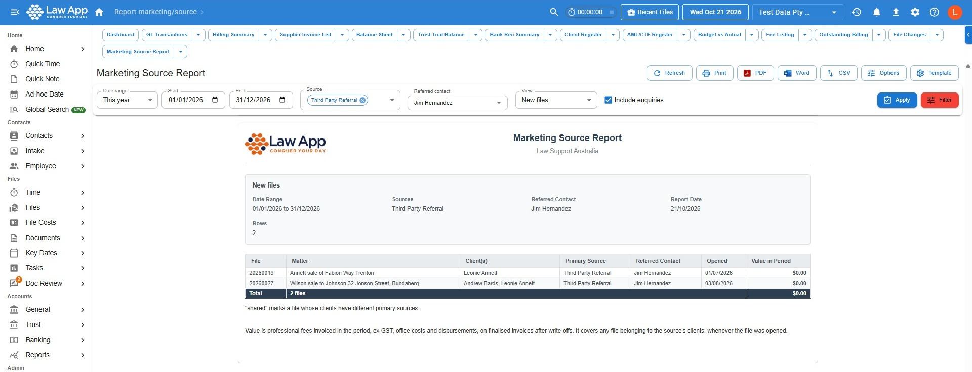 Marketing Source Report in New files view, filtered to the Third Party Referral source and one referred contact, listing each file with its matter, clients, primary source, referred contact, opened date and value in period