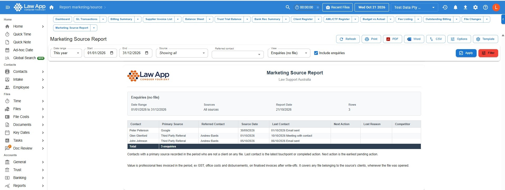 Enquiries (no file) view of the Marketing Source Report with Include enquiries ticked, listing each enquiry with its primary source, referred contact, source date, last contact, next action, lost reason and competitor, and a Total row