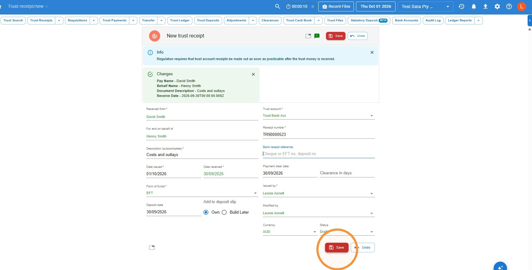 New trust receipt screen in Law App with Received from, For and on behalf of, Description, Date received and Add to deposit slip filled in, and the Save button circled